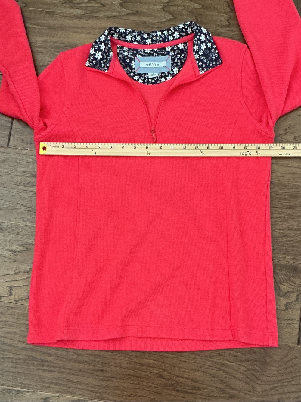 Orvis Women’s Ribbed Coral 1/4 Pullover Sweater M Navy Floral Cuff Accents - Picture 5 of 8